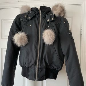 Moose Knuckles Womens Debbie Bomber in S, Black with Silver Fox Fur